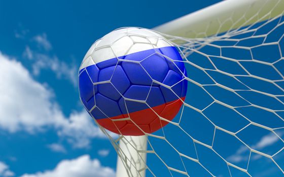 Russia flag and soccer ball, football in goal net