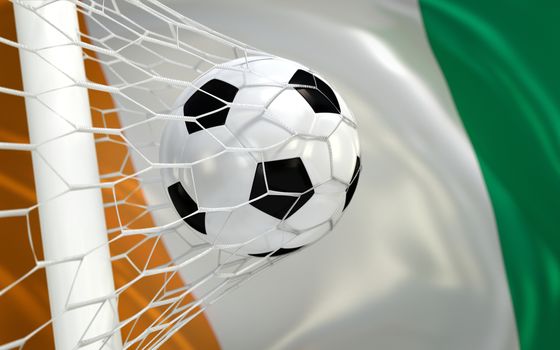 Ivory Coast flag and soccer ball, football in goal net