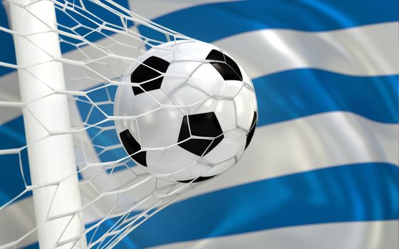 Greece flag and soccer ball, football in goal net