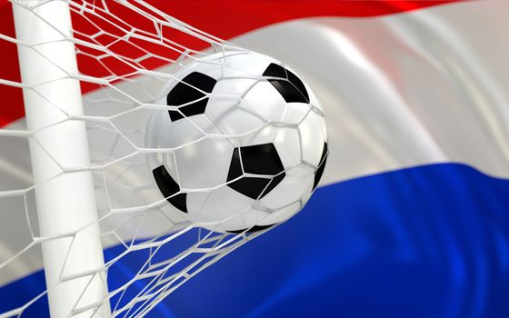 Netherlands flag and soccer ball, football in goal net