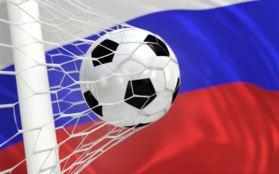 Russia flag and soccer ball, football in goal net