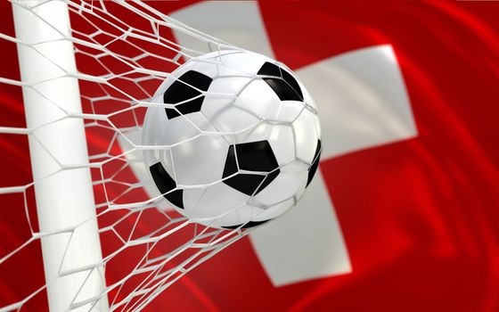 Switzerland flag and soccer ball, football in goal net