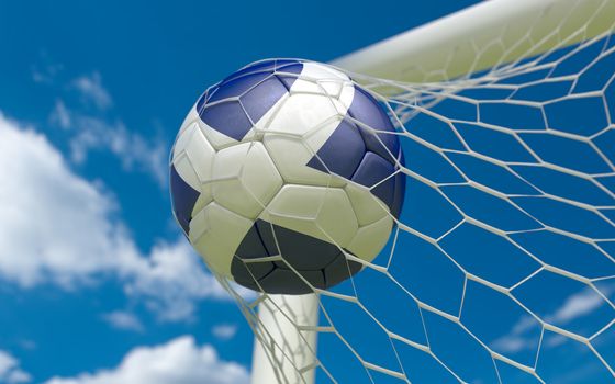 Scotland flag and soccer ball, football in goal net