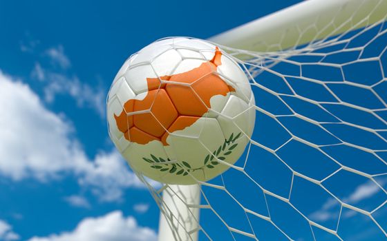 Cyprus flag and soccer ball, football in goal net