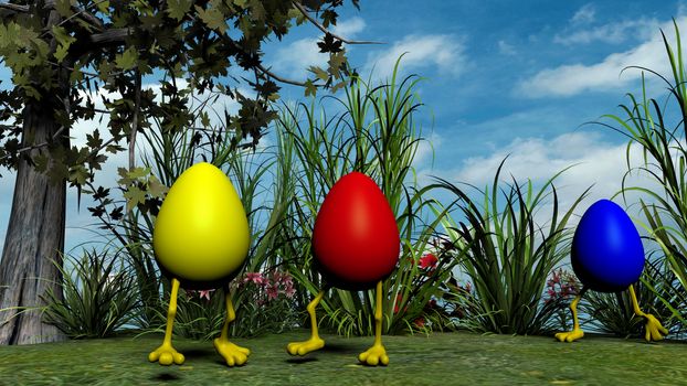 Easter eggs with legs in the meadow with background of plants and flowers