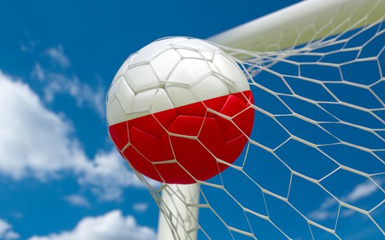 Poland flag and soccer ball, football in goal net