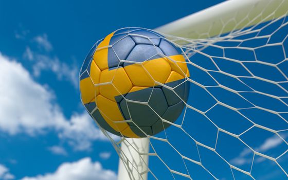 Sweden flag and soccer ball, football in goal net