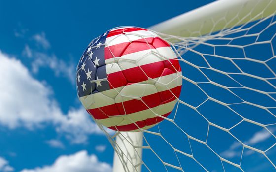 USA flag and soccer ball, football in goal net