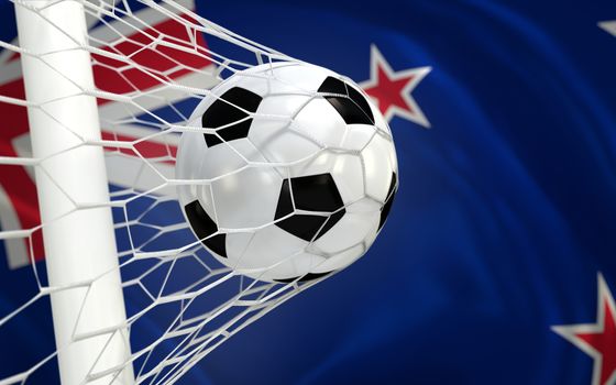 New Zealand flag and soccer ball, football in goal net