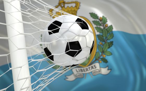 San Marino flag and soccer ball, football in goal net