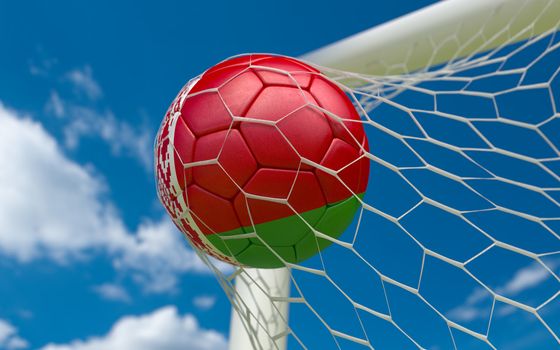 Belarus flag and soccer ball, football in goal net