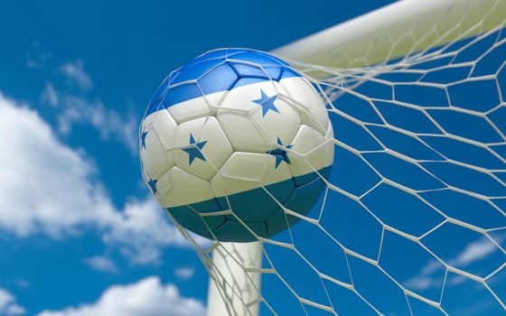 Honduras flag and soccer ball, football in goal net