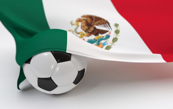 Mexican flag and soccer ball on white backgrounds