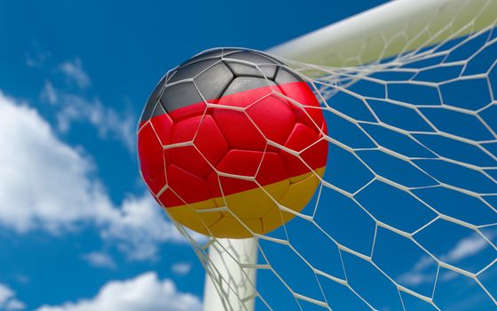 Germany flag and soccer ball, football in goal net