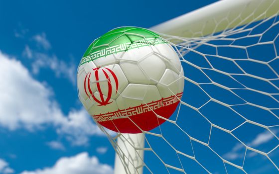 Iran flag and soccer ball, football in goal net