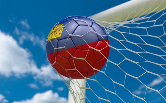 Liechtenstein flag and soccer ball, football in goal net