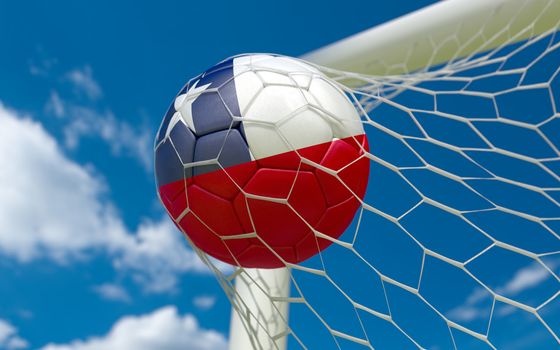 Chile flag and soccer ball, football in goal net