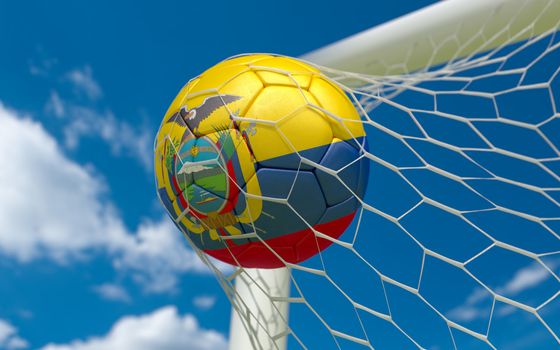 Ecuador flag and soccer ball, football in goal net