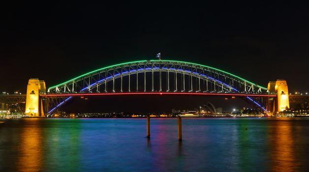 SYDNEY, AUSTRALIA - MAY 21, 2015;  Sydney Harbour Bridge lights preview for Vivid Sydney 2015