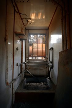 Messy vehicle interior of a train carriage angle shot