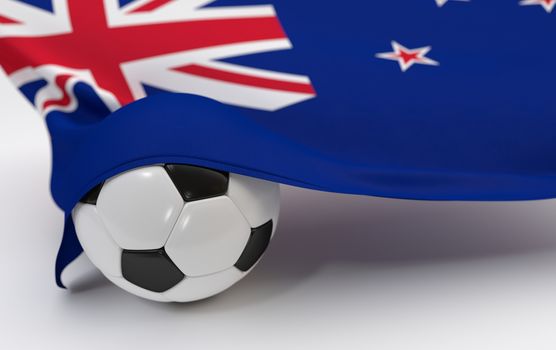 New Zealand flag and soccer ball on white backgrounds