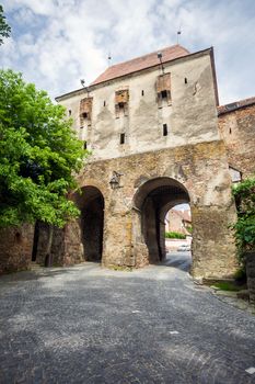 Sighisoara, Romania - June 23, 2013: Furrier's tower (Turnul Cojocarilor) part of  Sighisoara fortress entrance from Transylvania, Romania