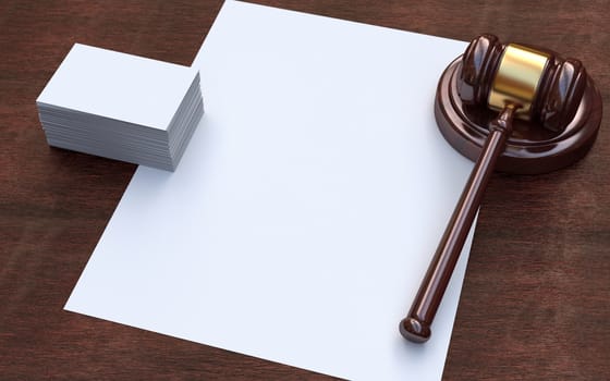 Judge, wooden gavel on the brown wooden background with white, blank paper and business cards. Mockup