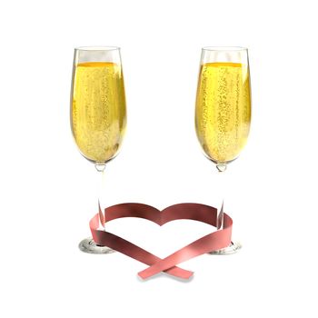Two glasses of good champagne and a ribbon heart shaped on a black background