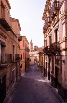 View of bell tower in the Agira street, little town in the centre of Sicily.