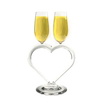 Two champagne glasses heart shaped on a white background which symbolizes love.