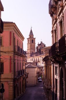 View of bell tower in the Agira street, little town in the centre of Sicily.