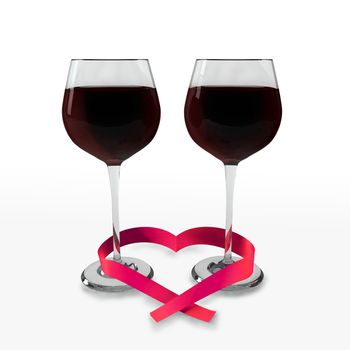 Two glasses of good red wine and a ribbon heart shaped on a white background which symbolizes tasting time and love.