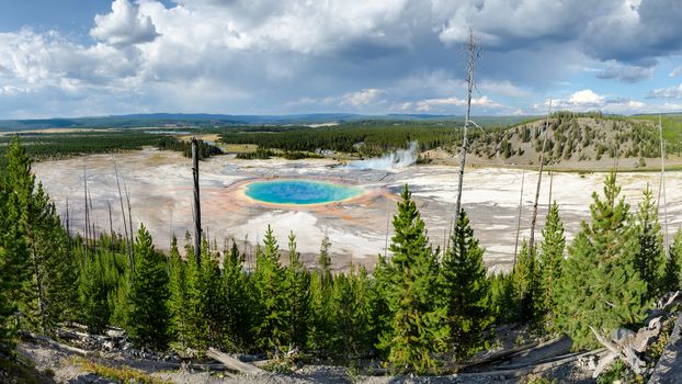 Panoramic scenic view of Grand Prismatic spring in Yellowstone, Wyoming, USA