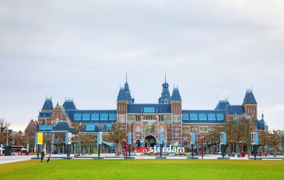 AMSTERDAM - APRIL 16: Netherlands national museum with I Amsterdam slogan on April 16, 2015 in Amsterdam. Located at the back of the Rijksmuseum on Museumplein, the slogan quickly became a city icon.