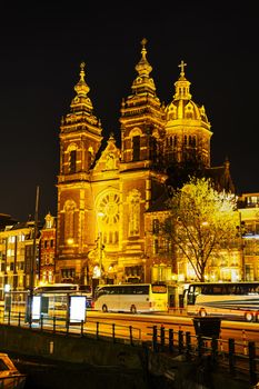 The Basilica of Saint Nicholas (Sint-Nicolaasbasiliek) in Amsterdam at night
