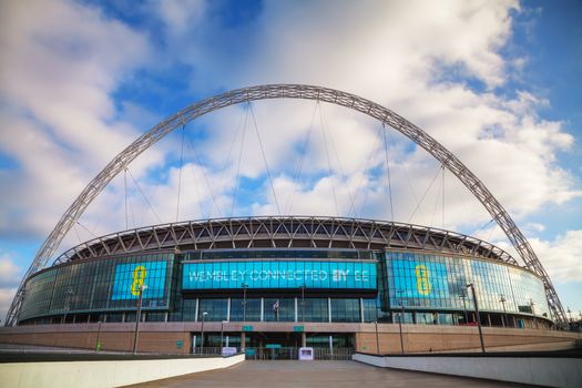 LONDON - APRIL 6: Wembley stadium on April 6, 2015 in London, UK. It's a football stadium in Wembley Park, which opened in 2007 on the site of the original Wembley Stadium which was demolished in 2003