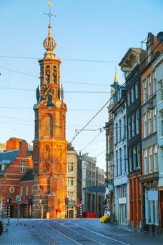 Overview of Amsterdam with Munttoren at sunrise