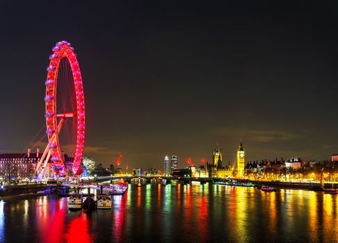 LONDON - APRIL 5: Overview of London with the Coca-Cola London Eye on April 5, 2015 in London, UK. The entire structure is 135 metres tall and the wheel has a diameter of 120 metres.