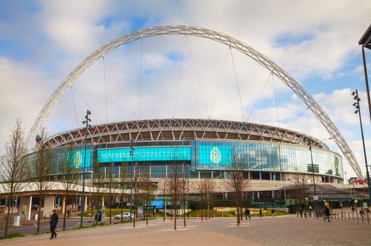 LONDON - APRIL 6: Wembley stadium on April 6, 2015 in London, UK. It's a football stadium in Wembley Park, which opened in 2007 on the site of the original Wembley Stadium which was demolished in 2003