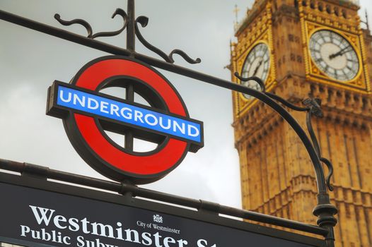 LONDON - APRIL 4: London underground sign on April 4, 2015 in London, UK. The system serves 270 stations and has 402 kilometres of track, 52% of which is above ground.