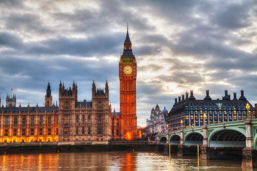 London with the Elizabeth Tower and Houses of Parliament at sunset