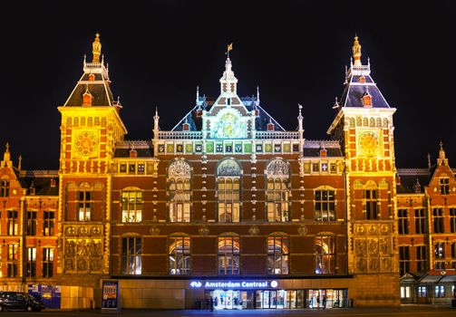 Amsterdam Centraal railway station in the night