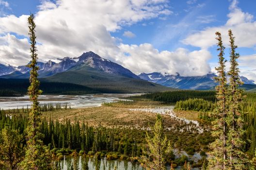 Landscape view of river and montains near Icefield parkway, Rocky Mountains, Canada