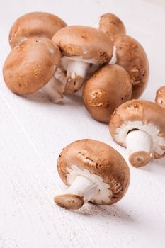 Fresh brown portobello or agaricus mushrooms on a white counter ready for use as a savory cooking ingredient or in vegetarian and vegan cuisine