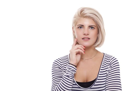 Close up Portrait of Smiling Pretty Blond Woman Wearing Black and White Stripe Shirt While Looking at the Camera. Captured in Studio on White Background.