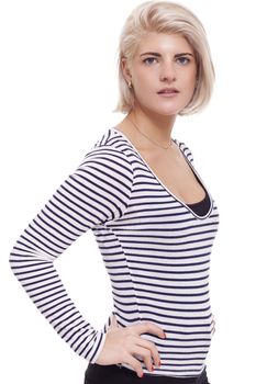Close up Portrait of Smiling Pretty Blond Woman Wearing Black and White Stripe Shirt While Looking at the Camera. Captured in Studio on White Background.