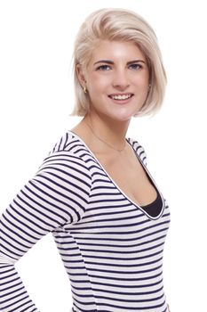 Close up Portrait of Smiling Pretty Blond Woman Wearing Black and White Stripe Shirt While Looking at the Camera. Captured in Studio on White Background.