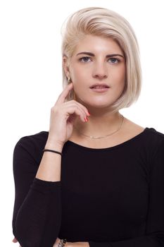 Close up Portrait of Pretty Blond Woman Posing in Trendy Black Shirt While Looking at the Camera. Isolated on White Background.