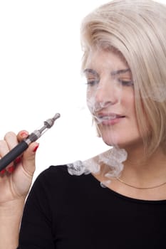 Close up Serious Facial Expression of a Young Blond Woman Smoking Using E- Cigarette on a White Background