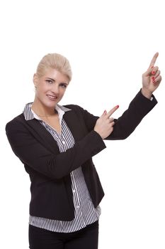 Close up Pretty Smiling Young Businesswoman Pointing Up with her Two Hands While Looking at the Camera. Isolated on White Background.